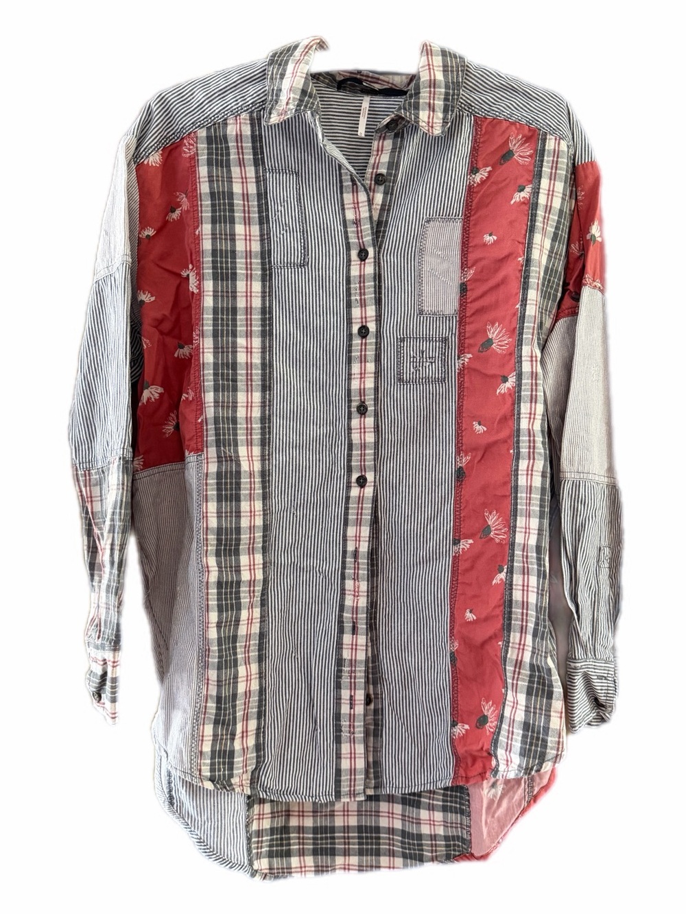 Free People All Patched Up Button Down Shirt Patchwork Plaid Floral Oversized M - Picture 7 of 15